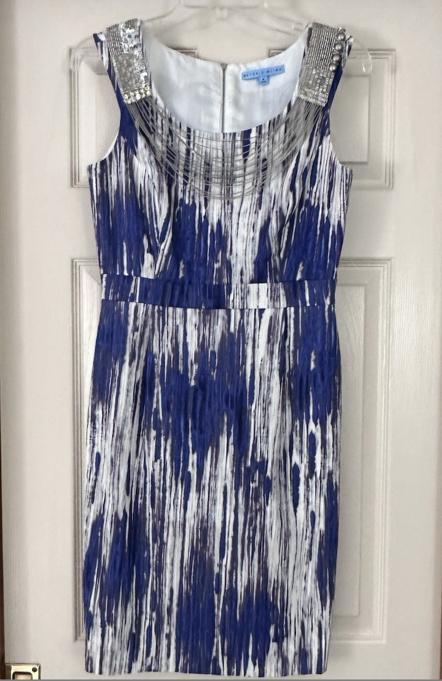 Antonio Melani Dress Size 4 Women Sleeveless Sheath Embellished Neck Blue Gray